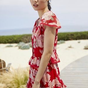 Rachel Parcel Red Floral Chiffon Shirt Ruffle Dress. Size M